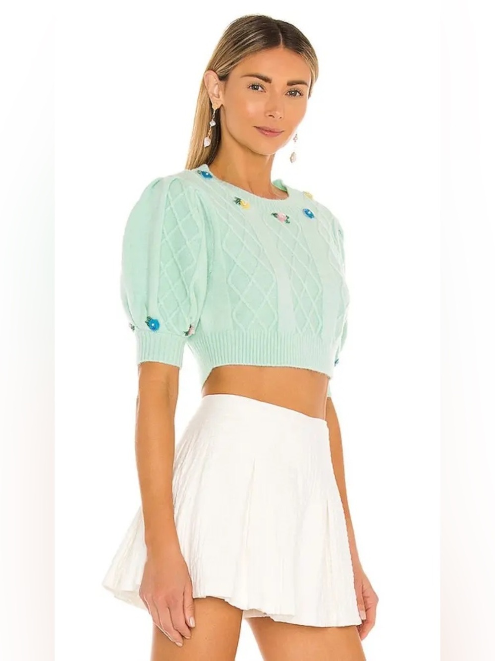 For Love & Lemons Sutton Cropped Sweater Mint Floral Sequin Puff Sleeve S Knit